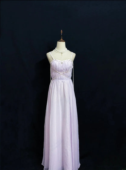 Vintage 80s A Line Spaghetti Straps Lilac Chiffon Long Prom Dresses Formal Outfit Evening Night Dress RB7947