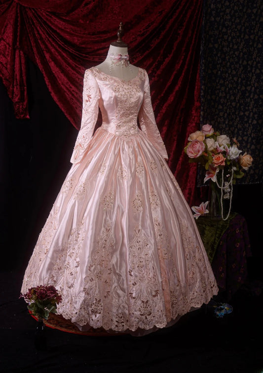 Pretty Ball Gown Pink With Appliqued Long Sleeves Quinceanera Dresses For Sweet 15 15 Anos Gown Formal Outfits RB8637