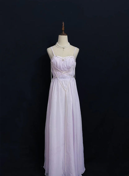 Vintage 80s A Line Spaghetti Straps Lilac Chiffon Long Prom Dresses Formal Outfit Evening Night Dress RB7947
