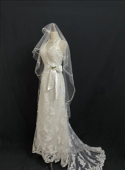 Vintage 80s Mermaid Halter Ivory Lace With Flowers Wedding Veil Brides Gown Bridal Dress Wedding Dresses RB7748