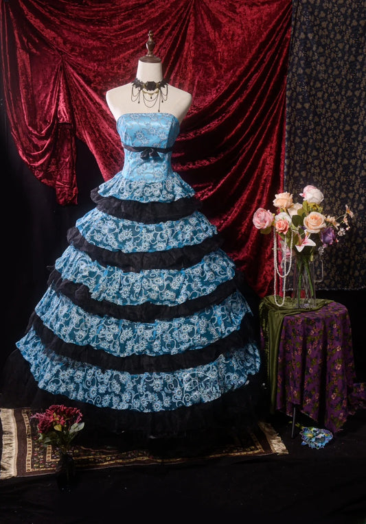 Pretty Ball Gown Strapless Blue With Lace Long Quinceanera Dresses For Sweet 15 15 Anos Gown Formal Outfits RB8638