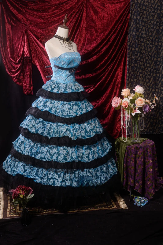 Pretty Ball Gown Strapless Blue With Lace Long Quinceanera Dresses For Sweet 15 15 Anos Gown Formal Outfits RB8638