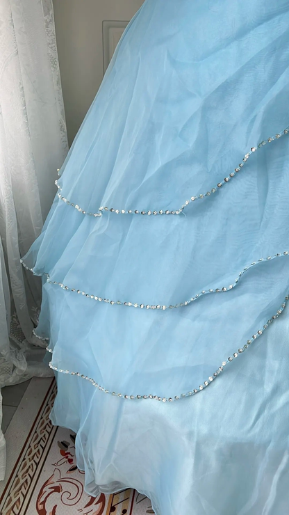 Fairytale Sweet 16 Princess Ball Gown Strapless Blue With Layers Beaded Skirt Floor‑Length RC0803