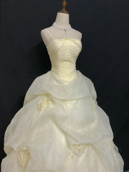 Princesses Fairytale Ball Gown Spaghetti Straps Yellow Long With 3D Flowers Long Quince Dress Quinceanera Dresses Formal Birthday Outfits RB7951