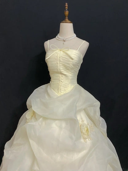 Princesses Fairytale Ball Gown Spaghetti Straps Yellow Long With 3D Flowers Long Quince Dress Quinceanera Dresses Formal Birthday Outfits RB7951