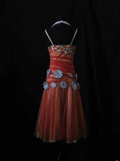 Vintage A-Linien-Kleid mit Spaghettiträgern aus Tüll und Perlenstickerei, ideal für den 16. Geburtstag, den Abschlussball oder als Cocktailkleid (AS494)