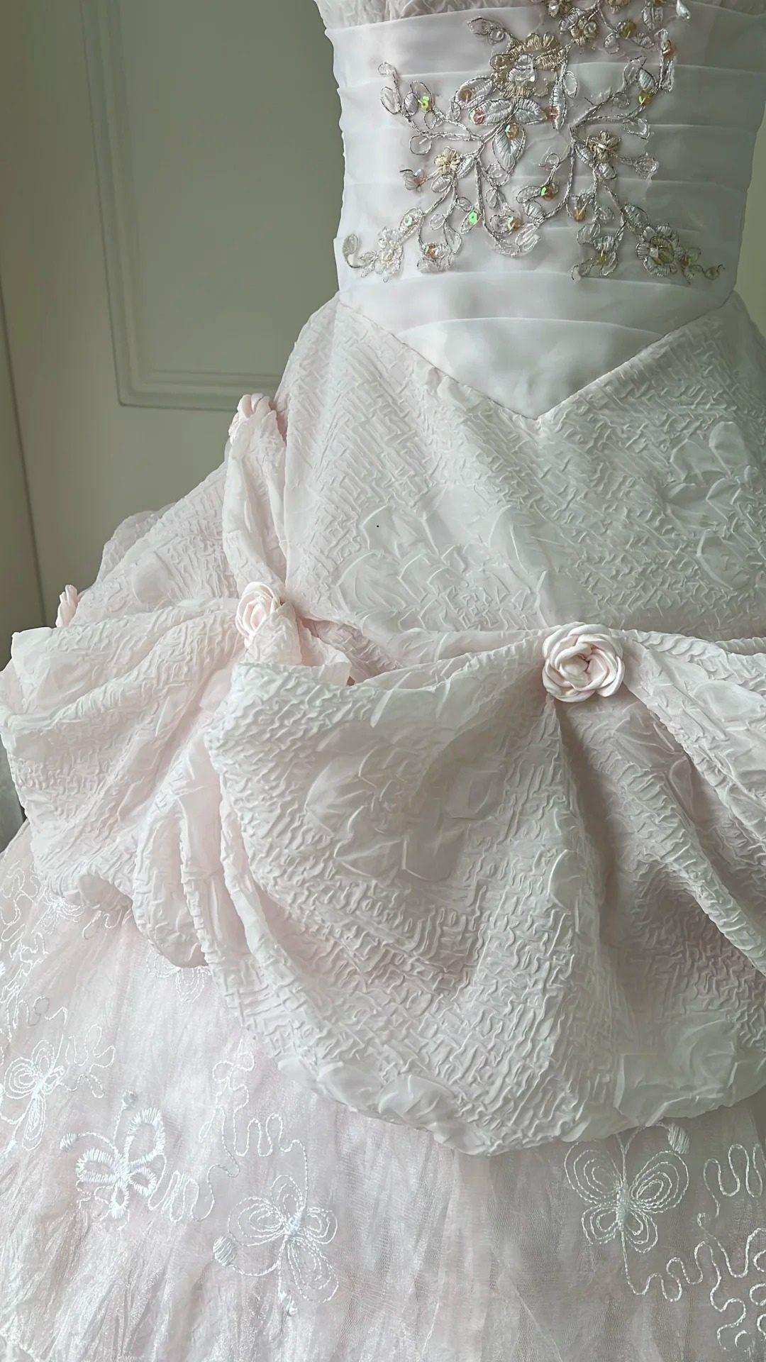 Pink Sweet 16 Quinceanera Dress Strapless Lace Embroidery Tiered Ball Gown With Ruffled RC0806