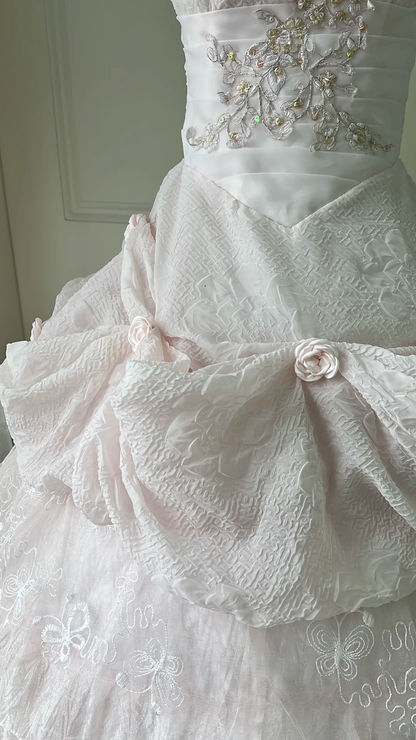 Pink Sweet 16 Quinceanera Dress Strapless Lace Embroidery Tiered Ball Gown With Ruffled RC0806