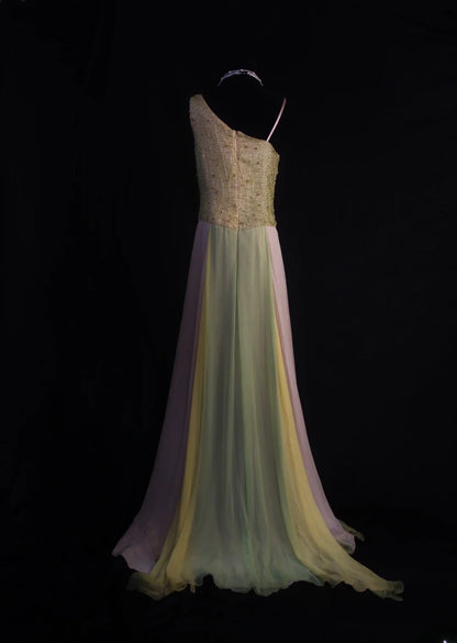 Retro-80er-Jahre-Kleid aus lilagrünem Chiffon mit A-Linie, asymmetrischem Ausschnitt und Perlenstickerei – Inspiration für den 22. Geburtstag – Abendkleid AS496
