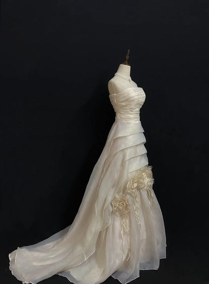 Vintage 80s Mermaid Strapless Organza Ivory With Flowers Wedding Brides Gown Bridal Dress Wedding Dresses RB7754