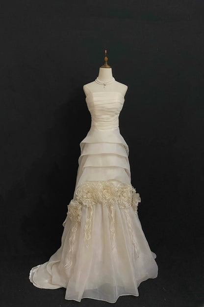 Vintage 80s Mermaid Strapless Organza Ivory With Flowers Wedding Brides Gown Bridal Dress Wedding Dresses RB7754