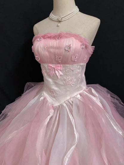 Princesses Fairytale Ball Gown Strapless Pink With Flowers Tiered Quince Dress Quinceanera Dresses Formal 16th Birthday Outfit RB7955