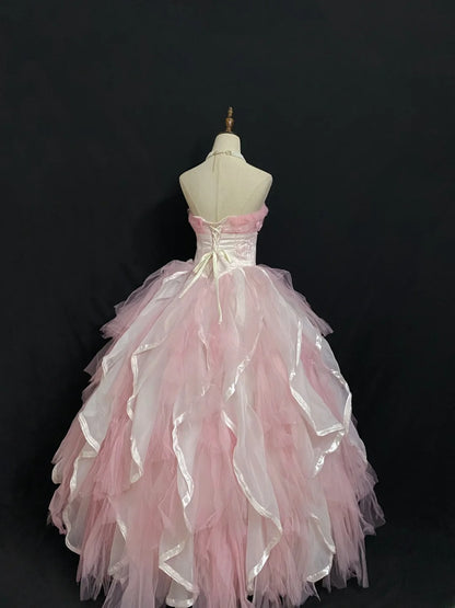 Princesses Fairytale Ball Gown Strapless Pink With Flowers Tiered Quince Dress Quinceanera Dresses Formal 16th Birthday Outfit RB7955