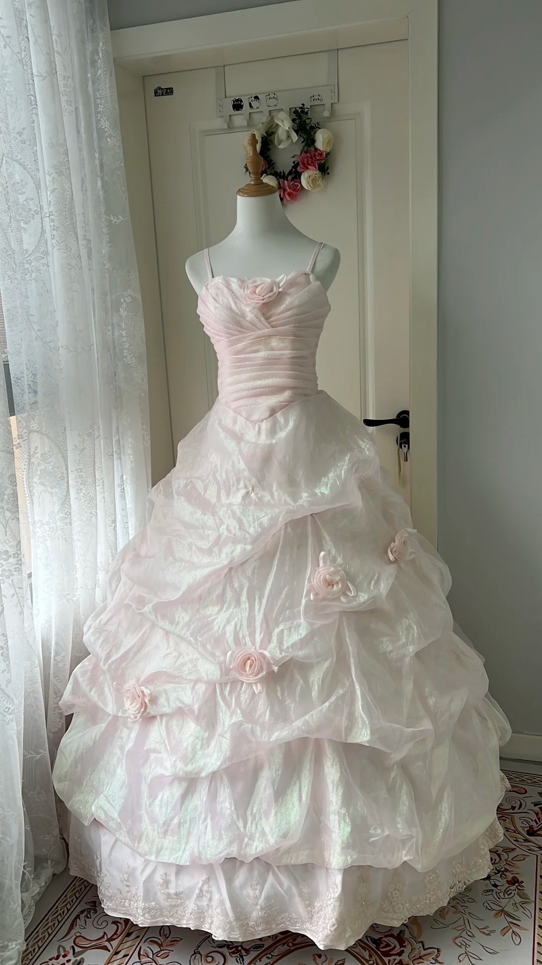 Fairytale Sweet 16 Princess Ball Gown Spaghetti Straps Pink With Tiered Skirt Floor‑Length RC0809