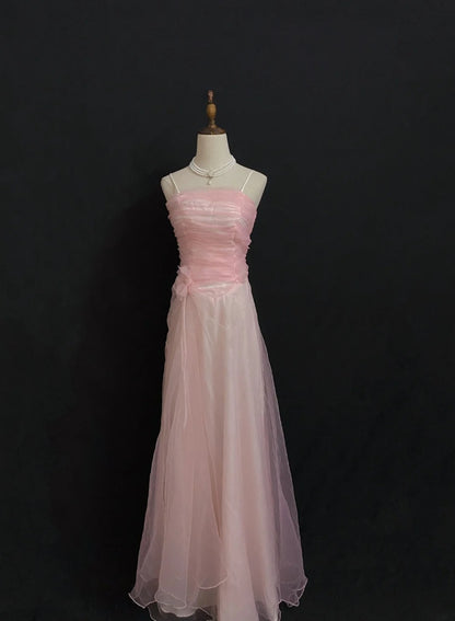 Vintage 80s A Line Spaghetti Straps Pink Tulle Long Prom Dresses Formal Outfits Evening Night Dress RB7956