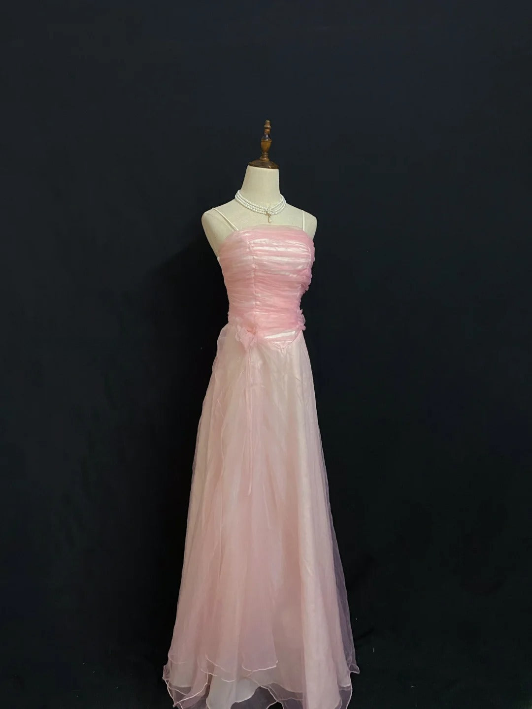 Vintage 80s A Line Spaghetti Straps Pink Tulle Long Prom Dresses Formal Outfits Evening Night Dress RB7956