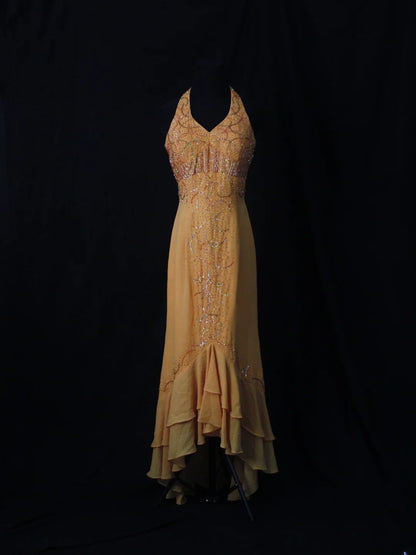 Robe de bal rétro années 80, dos nu asymétrique, en mousseline orange avec perles argentées - Inspiration pour une tenue de 22e anniversaire - Robe de soirée AS498