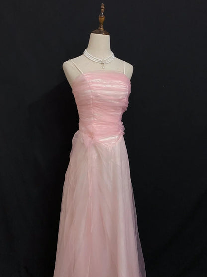 Vintage 80s A Line Spaghetti Straps Pink Tulle Long Prom Dresses Formal Outfits Evening Night Dress RB7956