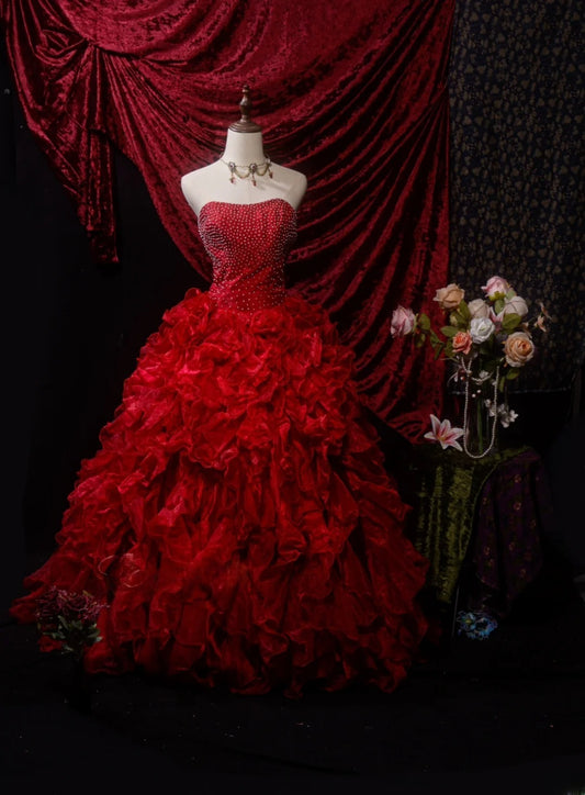 Pretty Ball Gown Sweetheart Red With Tiered Long Quinceanera Dresses For Sweet 15 15 Anos Gown Formal Outfits RB8641