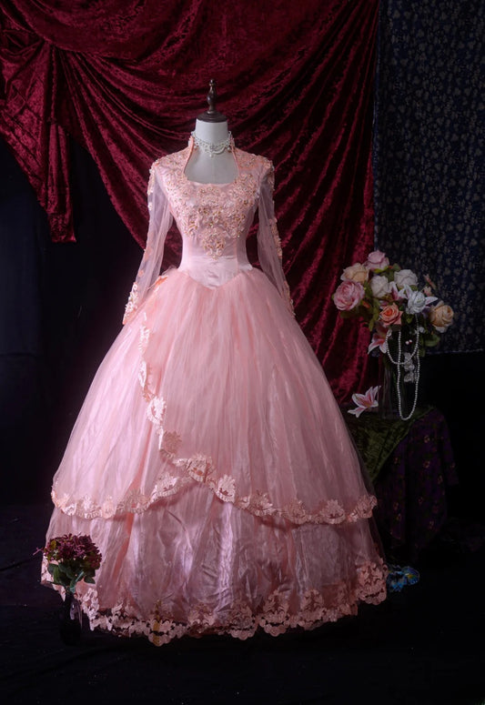 Pretty Ball Gown Pink Tulle With Appliqued Lace Long Quinceanera Dresses For Sweet 15 15 Anos Gown Formal Outfits RB8642