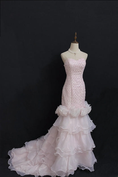 Vintage 80s Mermaid Sweethert Pink Organza Long Prom Dresses Formal Outfits Evening Night Dress RB7960