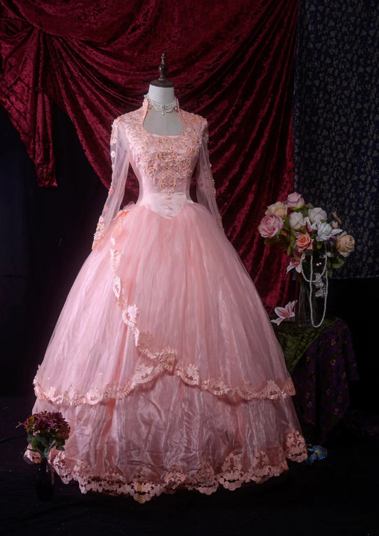 Pretty Ball Gown Pink Tulle With Appliqued Lace Long Quinceanera Dresses For Sweet 15 15 Anos Gown Formal Outfits RB8642