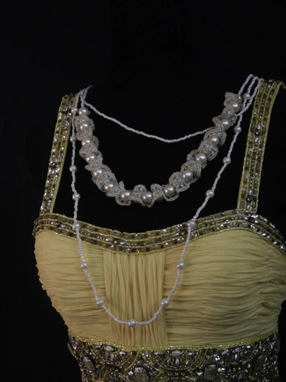Retro 1950s Mermaid Straps Yellow Chiffon With Silver Beads Long Prom Dresses Inspo 22th Birthday Outfit Formal Dress AS500