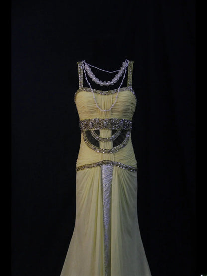 Retro 1950s Mermaid Straps Yellow Chiffon With Silver Beads Long Prom Dresses Inspo 22th Birthday Outfit Formal Dress AS500