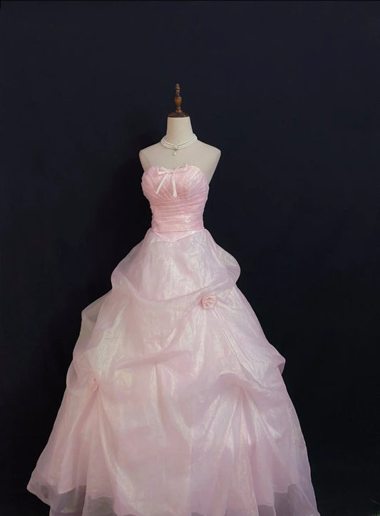 Princesses Fairytale Ball Gown Strapless Pink With Bow Ruffled Quince Dress Quinceanera Dresses Formal 16th Birthday Outfit RB7962