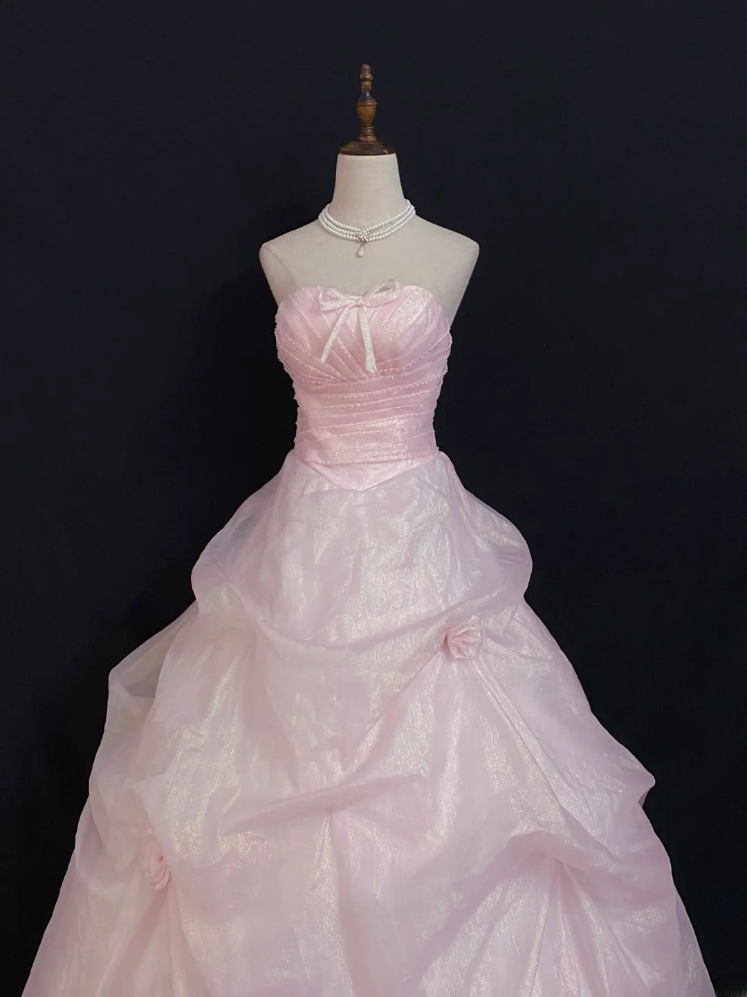 Princesses Fairytale Ball Gown Strapless Pink With Bow Ruffled Quince Dress Quinceanera Dresses Formal 16th Birthday Outfit RB7962