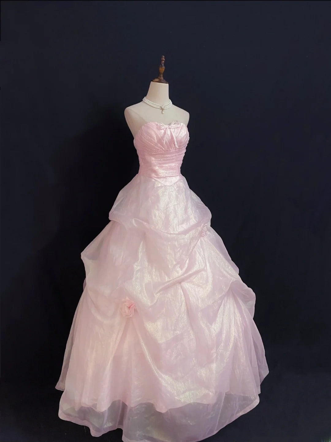 Princesses Fairytale Ball Gown Strapless Pink With Bow Ruffled Quince Dress Quinceanera Dresses Formal 16th Birthday Outfit RB7962