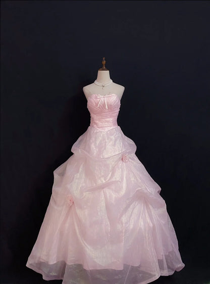 Princesses Fairytale Ball Gown Strapless Pink With Bow Ruffled Quince Dress Quinceanera Dresses Formal 16th Birthday Outfit RB7962