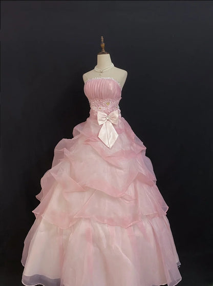 Princesses Fairytale Ball Gown Strapless Pink With Bow Ruffled Quince Dress Quinceanera Dresses Formal 17th Birthday Outfit RB7964