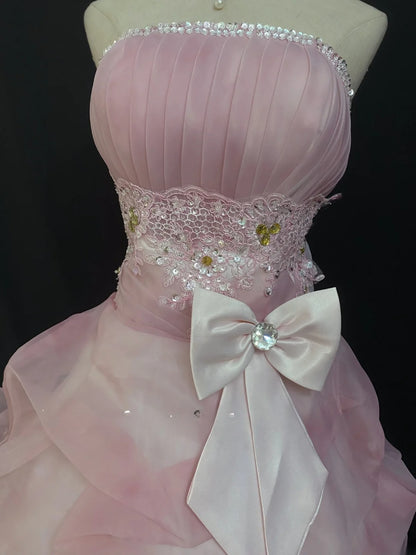 Princesses Fairytale Ball Gown Strapless Pink With Bow Ruffled Quince Dress Quinceanera Dresses Formal 17th Birthday Outfit RB7964