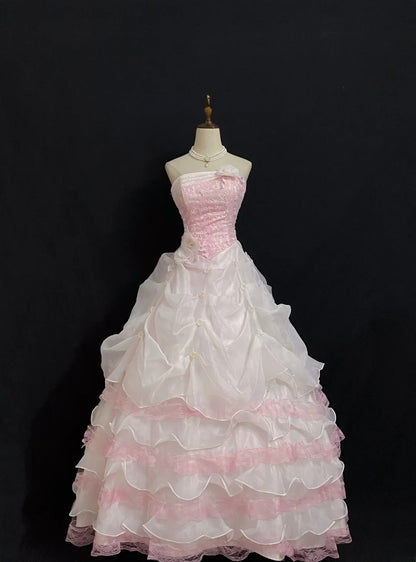 Princesses Fairytale Ball Gown Strapless Pink With Flowers Tiered Layers Quince Dress Quinceanera Dresses Formal 17th Birthday Outfit RB7965