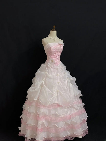 Princesses Fairytale Ball Gown Strapless Pink With Flowers Tiered Layers Quince Dress Quinceanera Dresses Formal 17th Birthday Outfit RB7965