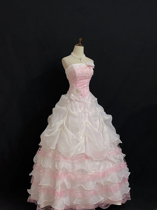 Princesses Fairytale Ball Gown Strapless Pink With Flowers Tiered Layers Quince Dress Quinceanera Dresses Formal 17th Birthday Outfit RB7965