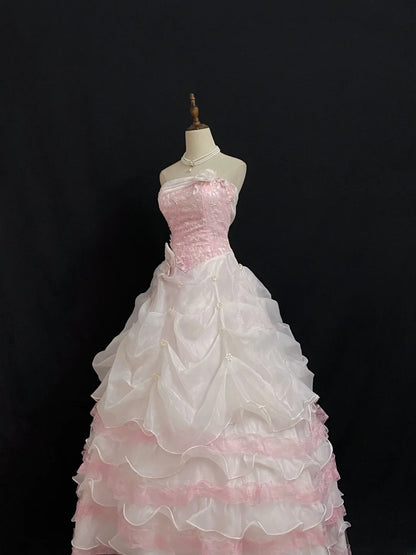 Princesses Fairytale Ball Gown Strapless Pink With Flowers Tiered Layers Quince Dress Quinceanera Dresses Formal 17th Birthday Outfit RB7965