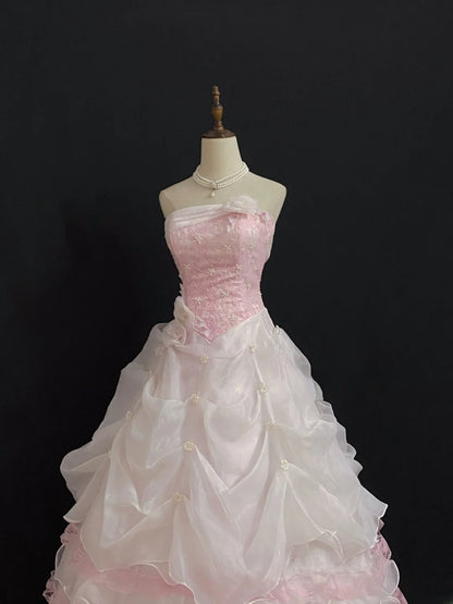 Princesses Fairytale Ball Gown Strapless Pink With Flowers Tiered Layers Quince Dress Quinceanera Dresses Formal 17th Birthday Outfit RB7965