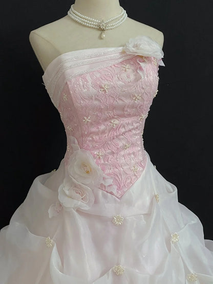 Princesses Fairytale Ball Gown Strapless Pink With Flowers Tiered Layers Quince Dress Quinceanera Dresses Formal 17th Birthday Outfit RB7965