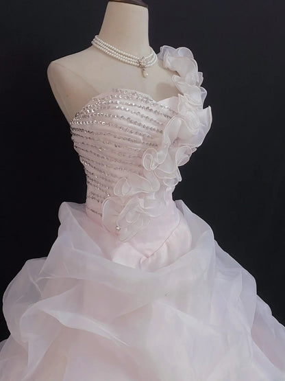 Princesses Fairytale Ball Gown One Shoulder Pink With Beaded Tiered Layers Quince Dress Quinceanera Dresses Formal 17th Birthday Outfit RB7966