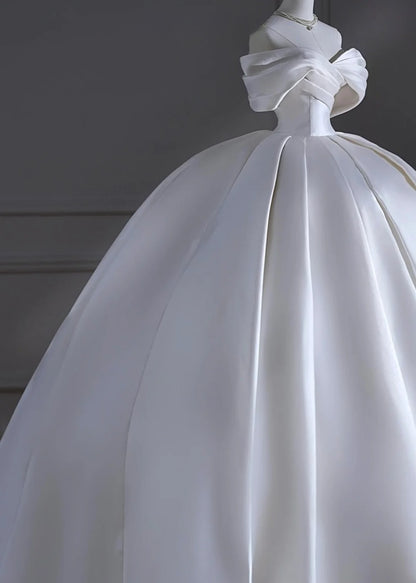Prinzessinnen-Brautkleid, langes Ballkleid, schulterfrei, plissiert, Satin, mit Ärmeln und Schleppe, weißes Brautkleid AS506