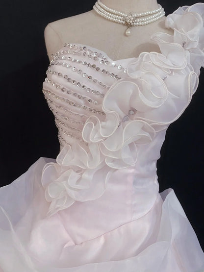 Princesses Fairytale Ball Gown One Shoulder Pink With Beaded Tiered Layers Quince Dress Quinceanera Dresses Formal 17th Birthday Outfit RB7966