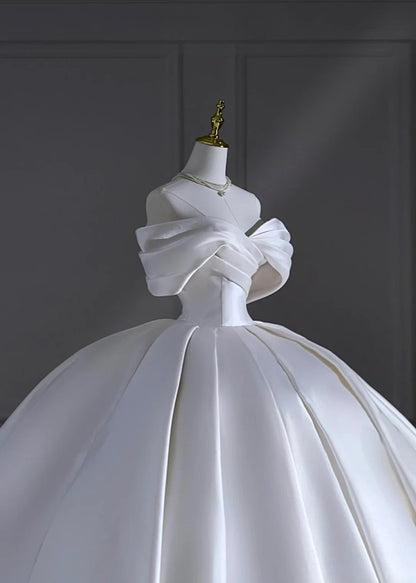 Prinzessinnen-Brautkleid, langes Ballkleid, schulterfrei, plissiert, Satin, mit Ärmeln und Schleppe, weißes Brautkleid AS506