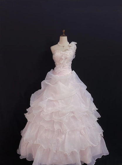 Princesses Fairytale Ball Gown One Shoulder Pink With Beaded Tiered Layers Quince Dress Quinceanera Dresses Formal 17th Birthday Outfit RB7966