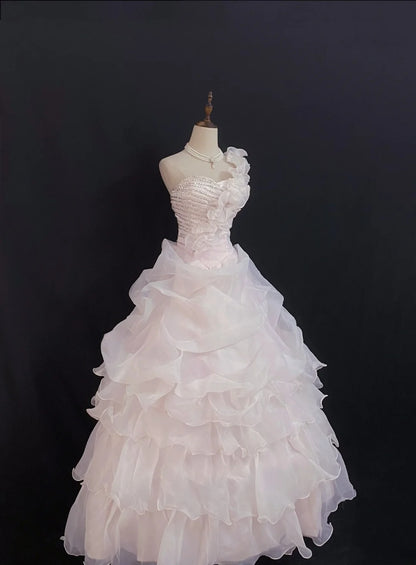 Princesses Fairytale Ball Gown One Shoulder Pink With Beaded Tiered Layers Quince Dress Quinceanera Dresses Formal 17th Birthday Outfit RB7966
