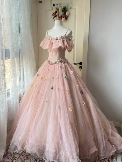 Sweet 16 Quinceanera Dress Ball Gown Spaghetti Straps Pink With Flowers Birthday Party Gown RC0818