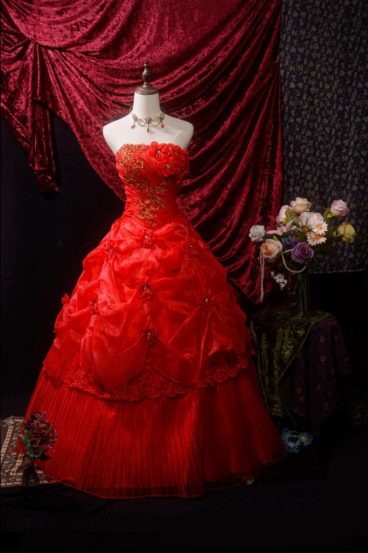 Sweety Ball Gown Red Tulle With Appliqued Strapless Long Quinceanera Dresses For Sweet 15 15 Anos Gown Formal Outfits RB8645
