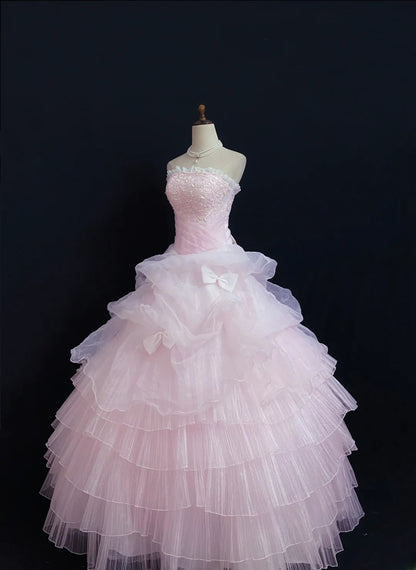 Princesses Fairytale Ball Gown Strapless Tulle Pink Lace Long Quince Dress Quinceanera Dresses Formal Birthday Outfits RB7967