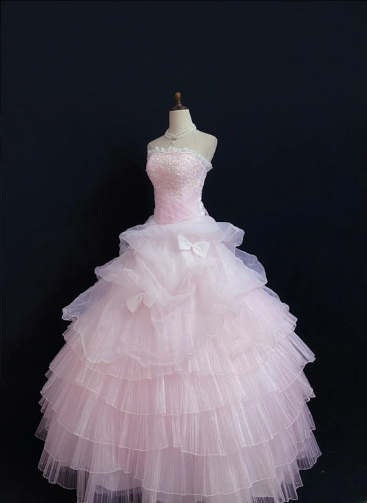 Princesses Fairytale Ball Gown Strapless Tulle Pink Lace Long Quince Dress Quinceanera Dresses Formal Birthday Outfits RB7967